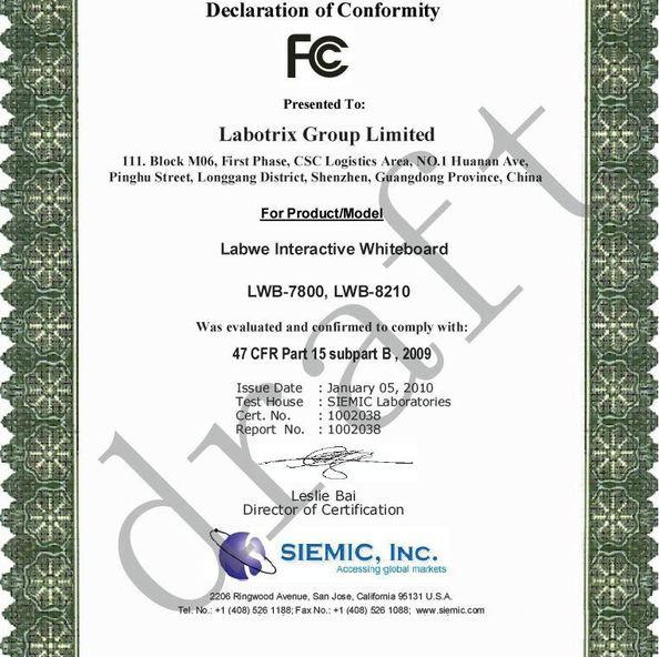 Authentication certificate of FCC - LABOTRIX GROUP LIMITED