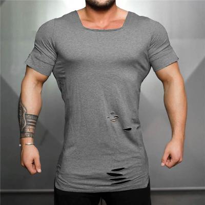 China Custom Color Causal Single Crew Neck Cotton Gym Workout Anti-wrinkle Breathable Soft Men's Ripped T-shirt for sale