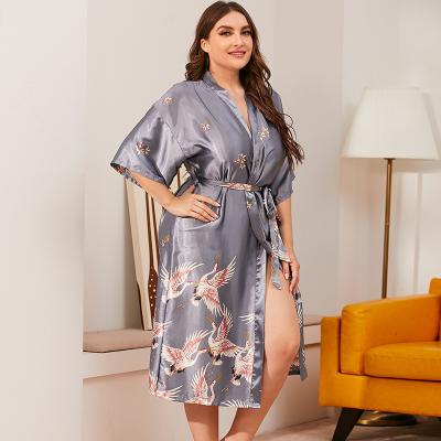 China Home Fat Breathable Silk Service Nightgown Fashion Feminine Women Printed Morning Plus Size Long Robe Bathrobe for sale