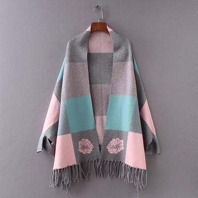 China 2020 Fashionable and Hot New Keep Warm Check Jacquard Shawl with Sleeves Plaid Shawl Scarf for sale