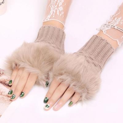 China Sports Faux Rabbit Fur Mittens Women Gloves Knitted Arm Winter Fingerless Warmer Knitted Gloves for sale