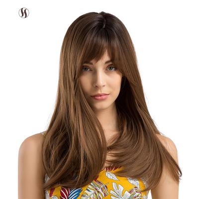 China Wholesale Cheap Silky Straight Wave Brown Synthetic Wig With Bangs Long Straight Wigs For Women for sale