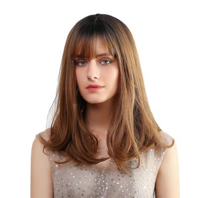 China Short Body Wave Brown Wavy Wig With Bangs Short Black Bob Wigs For Women With Bangs Synthetic Natural Looking Fiber Heat Resistant Wigs for sale