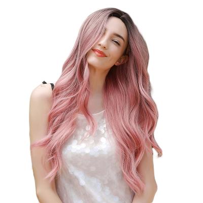 China Body Wave 28 Inch Long Curly Ombre Wigs For Women Dark Brown Rooted With Pink Hair Synthetic Wig For Women Natural Looking Wigs for sale