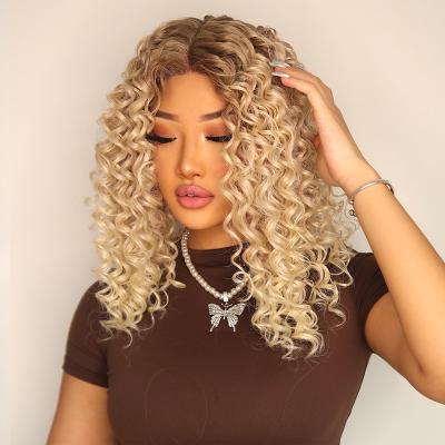 China Wholesale Curly Blonde Kinky Curly Hair Wigs Medium Length Lace Band Wigs For Black Women for sale