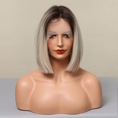 China Factory Outlet Cheap Straight Synthetic Women Hair Wig Short Bob Dark Root Blonde Lace Front Wigs For Cosplay for sale