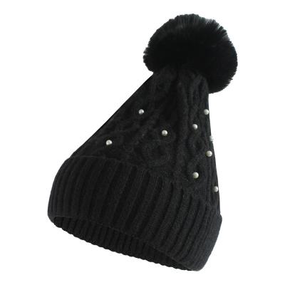 China breathable & Winter Warm Beanie Knit Hat With Pearls Color Artic Waterproof Pom Pom Paw Women Cable Fleece Solid for sale