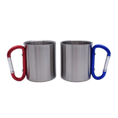 China Sustainable Camping 220ml Mug With Loop Handle Wall Stainless Steel Mountaineering Double Buckle Mug Portable Metal Coffee Drink Mug for sale