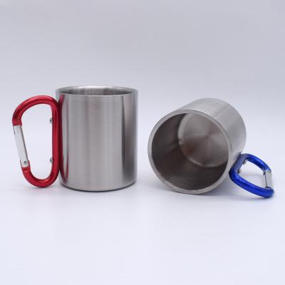 China Custom Gift Double Layer Viable Thickened DIY Coffee Mug Logo Stainless Steel Mountaineering Buckle Outdoor Sports Camping Portable Mug for sale