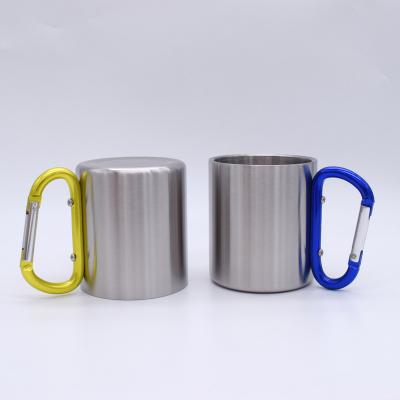 China Custom Gift Double Layer Viable Thickened DIY Coffee Mug Logo Stainless Steel Mountaineering Buckle Outdoor Sports Camping Portable Mug for sale