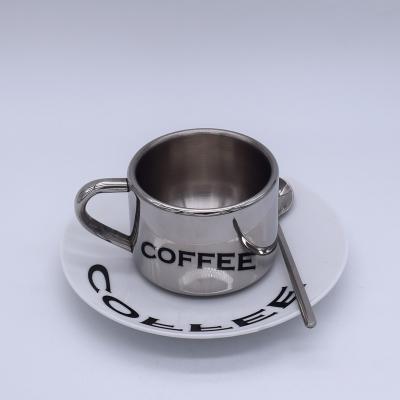 China 304 Stainless Steel Coffee Cup Durable Double Reflection Ceramic Cups And Saucer Set Gift Box Creative Mug for sale