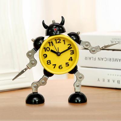 China Beef Horns Robot Design Robot Kids Alarm Clock Analog Time Silent Light Clock With Winking Eye And Hand Clip for sale