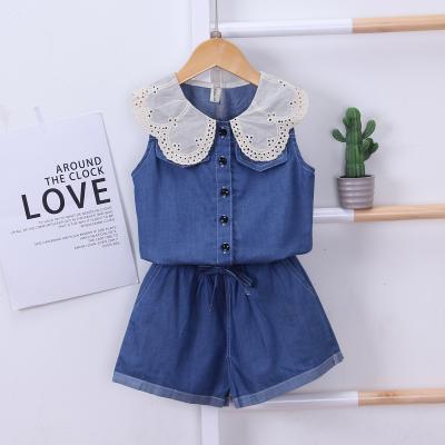 China 2020 new children's clothing breathable lapel printed plaid children's clothing lace denim strap print baby fashion baby dress small for sale