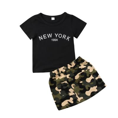 China Summer Casual 2 Piece Set Baby Clothes Kids Toddler Outfits Black Short Sleeve T-shirt And Camouflage Skirts 2pc Sets for sale