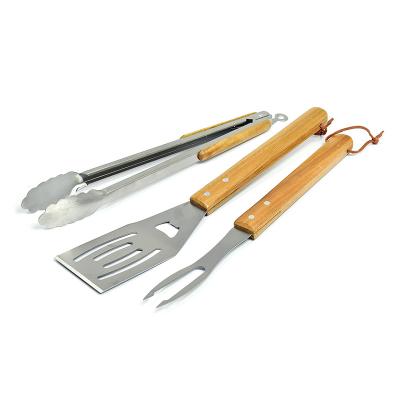 China Easily Cleaned 3PK SS BBQ Tool Kit With Solid Acacia Handle BBQ Wood Accessories for sale