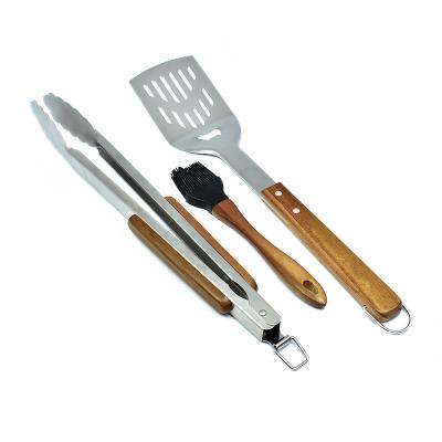 China Easily Cleaned Food Grade Set of 3 BBQ Tools with Acacia Wood Handle BBQ Tongs, Spatula, Silicone Brush BBQ Accessories for sale