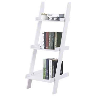 China Eco-friendly 3tier Leaning Wooden Wall Book Display Bookcase Ladder Plant Rack Shelf for sale