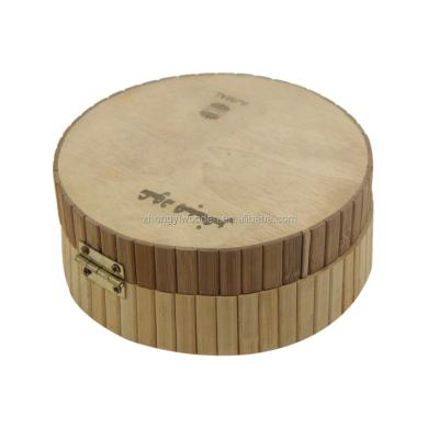 China Handmade Natural Customized Small Round Bamboo Wood Puzzle Wooden Unfinished Jewelry Gift Box Hinged Lid for sale