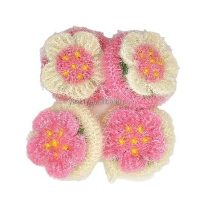 China New Design Sustainable High Quality Hand Crochet Three Layer Acrylic Peach Blossom Dish Scrubber, Wash Cleaning Loofah, for sale