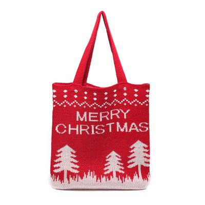 China Lady Winter Christmas Pattern Weaving Knitted Tote Bags Hand Yarn Crochet Shopping Gift Bags for sale