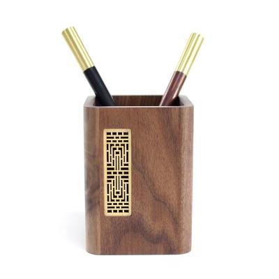 China Pen Holder Brown Color Pen Holder Square Shape Handle Made Real Wooden Pen Holder for sale