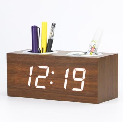 China Calendars Wholesale Christmas Double Penholder Wooden Digital Voice Control Led Alarm Clock With Date Time Temperature Display for sale