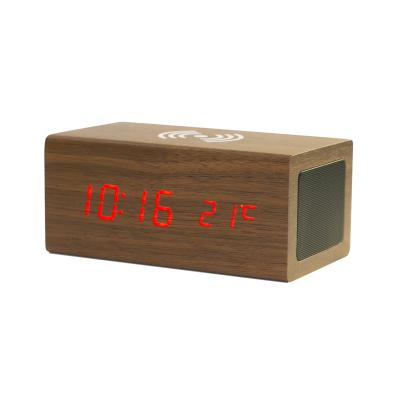 China OEM Logo Wooden Digital Wooden Telephone Cheap Decorative Home Desk Alarm Clock Table Led Wireless Charger Calendars Factory for sale