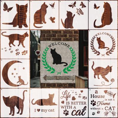 China PET/PP Plastic 12 Pcs Cat Stencils Plastic Painting Templates Reusable For Painting On Wood Wall Home Decor for sale