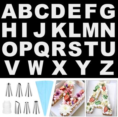 China Disposable 26 Pcs 10inch A-Z Letter Cake Stencils Alphabet Cake Stencils Mold DIY Baking With 6 Icing Tips Switch Spout And Pastry Bags for sale