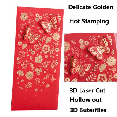 China Gift Envelope Laser Cut Hollow 3D Butterflies Red Chinese New Year Envelope for sale