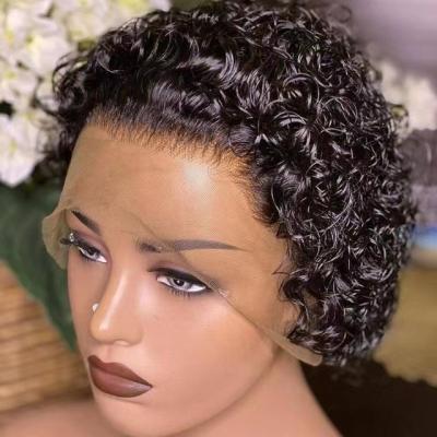 China Xiuyuan Cheap Transparent Curly Hair 13X1 Lace Wig For Women Hair Pre Plucked Pixie Cut Short Curly Human Hair Wigs for sale