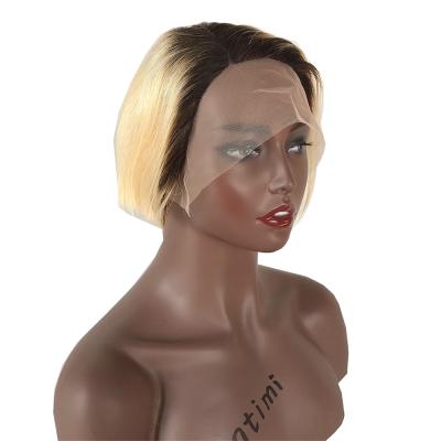 China Hot-selling 100% Virgin Products Yaki Bob Short Human Hair Lace Front Wig 100% Blonde Dark Root for sale