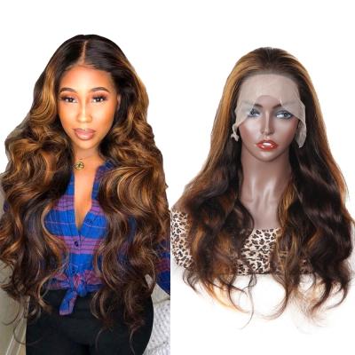 China Wholesale Body Wave 150 180 Density Remy Dark Highlight Brown 27/30 Free Pair Brazilian Hair Body Wave HD Lace Front Wigs For Male for sale