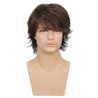 China European and American fashion men's short hair brown silky straight wave long fluffy partial wigs wig for sale