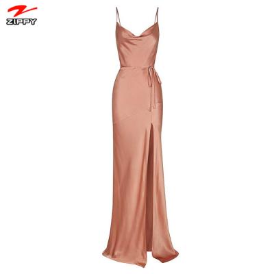 China Lady V-neck Breathable Satin Women's Elegant Spaghetti Strap Maxi Dress Silk Clothes for sale