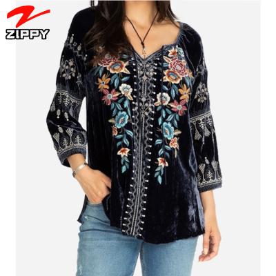 China New Arrivals Velvet Floral Casual Women's Embroidered Bohemian Ladies' Blouse Anti-Shrink for sale