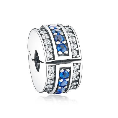 China Wholesale CLASSIC 925 Sterling Silver Circle Pave Blue Cubic Zircon Clip Cap Beads Charms For Bracelet Jewelry Making for sale