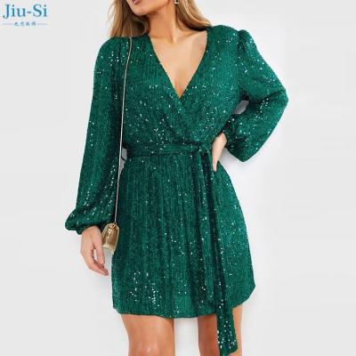 China Autumn Anti-static Women's Clothing Club Dress Green Sequin Wrap Balloon Sleeve Dress for sale