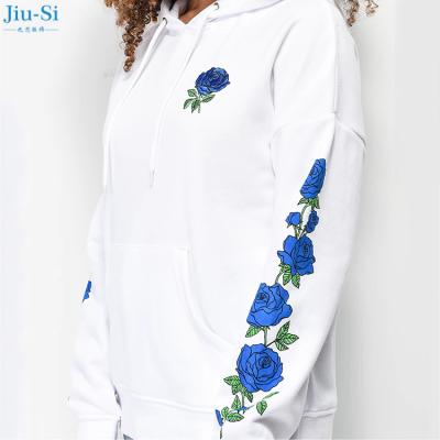 China High Quality Anti-wrinkle Polyester Screen Printed Blue Rose Graphics White Hoodies Ladies Sweatshirt For Women for sale