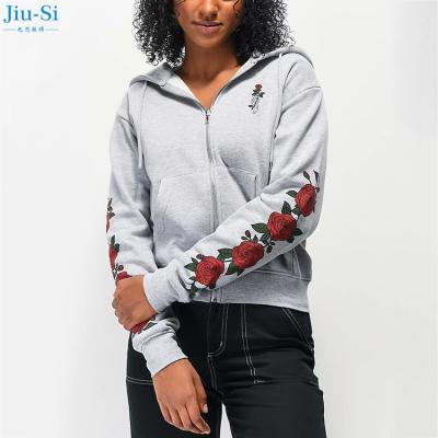 China high quality casual spring Autumn Custom Zip Up Gray Rose Printed Hoodies Women Anti-wrinkle Sweatshirts for sale