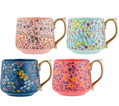 China New design 4 colors viable floral bloomy floral luxury drinkware Europe bone china coffee cup for keepsake gifts for sale