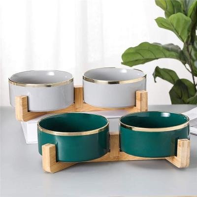 China Newest Home Sustainable Ceramic Pet Food Water Feeding Bowls Double Ceramic Pet Bowl With Stand for sale