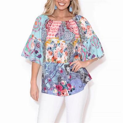 China Anti-pilling flower design under the shoulder bell sleeve shirt lady spring blouse custom made dress for sale