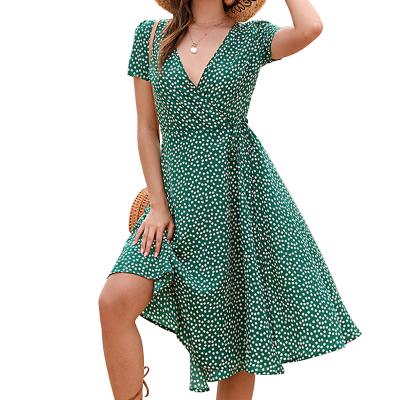 China Anti-Static Short Sleeve Women's V-Neck Floral Print Design Fashion Midi Slim Casual Dress for sale