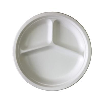 China Recycled Biodegradable Materials Sugarcane Pulp Clamshell Box Food Bagasse Container, 10 Inch 3-C Round Plate for sale