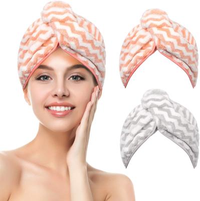 China Viable Coral Stripe Turban Absorbent Shower Fleece Quick Drying Hair Towel H20 for sale