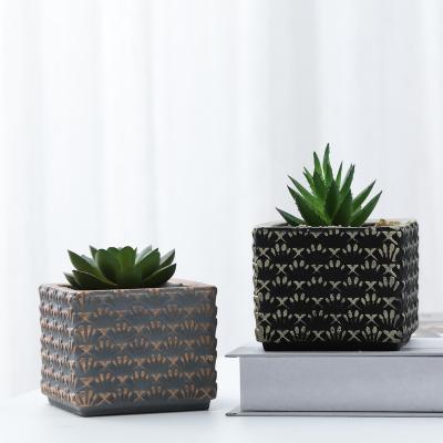 China Wholesale New China Style Indoor Cement Factory Modern Black Square Succulent Flower Pot Garden Ornaments Pots for sale