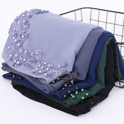 China Baotou Women's High Quality Pearl Feeling Chiffon Pairs Flower Stud Soft Smooth Smooth Back Ethnic Pearl Scarf for sale