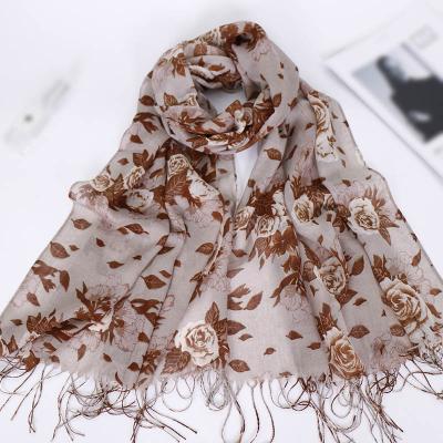 China Wholesale High Quality Soft Smooth Squishy Flower Scarf Winter Feeling Peony Winter Feeling Tassel Shawl Women Hijab for sale