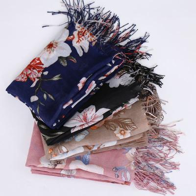 China Wholesale Floral Viscous Fringed Hijab Scarf High Quality Fashion Soft Soft Feeling New Style Printed Malaysian Turban Shawl for sale